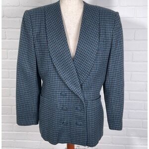 E.H. Woods Blazer Women 14 Turquoise Blue Black Double Breasted Check Wool Retro